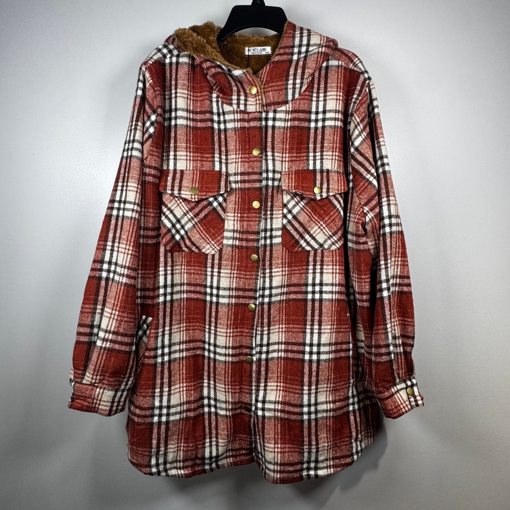 IN'VOLAND Women Rust Plaid Faux Fur Lined Hooded Shacket 20W Cozy Fall Layering